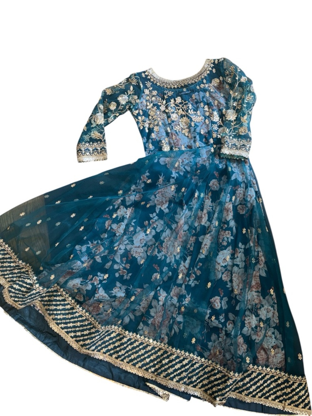 LASHKARAA  Indian Teal Green Indie Embellished Sheer Layered Floral Dress